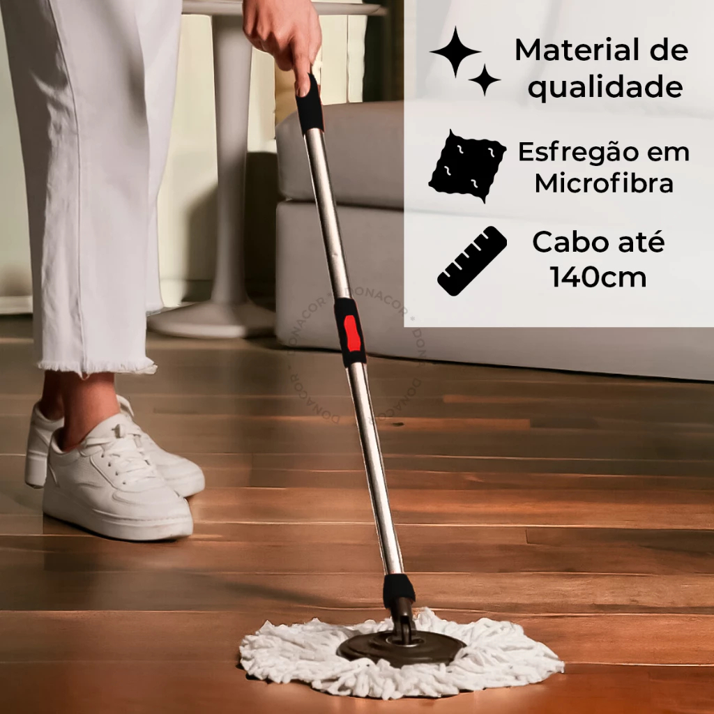 Mop C/ cabo de 140 cm + 2 Refis - Rodinhas e Cesto Em Inox - Balde Centrífuga - Oliver Home — imagem 2 de 2