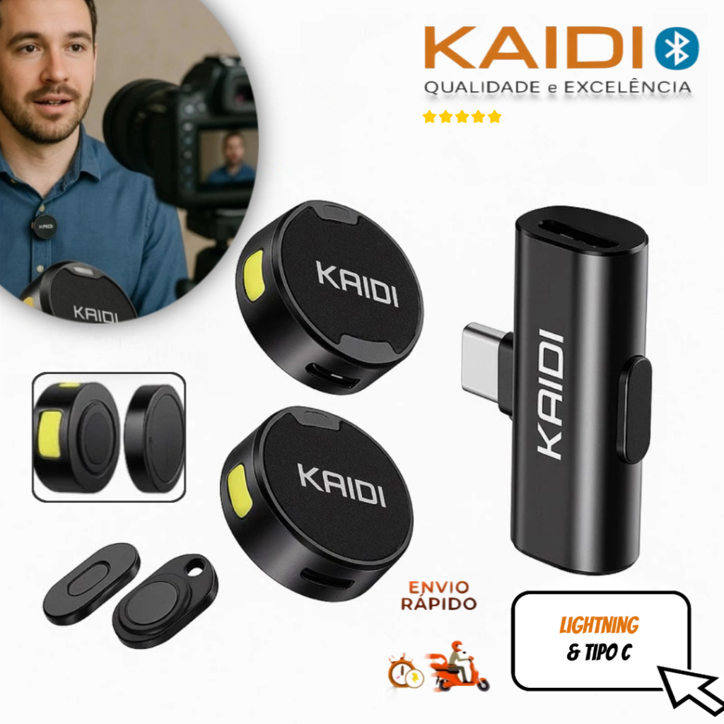 Microfone Lapela Kaidi Mini Sem Fio Duplo Redondo Android iPhone Profissional Vlog Vídeo Entrevista