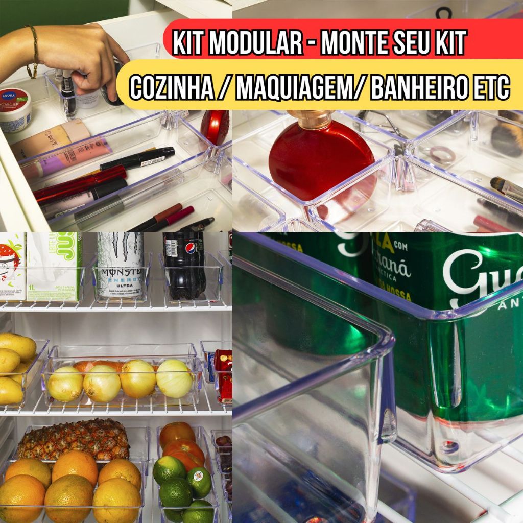 MONTE SEU KIT Organizadores de acrílico Multiuso para Gavetas, Geladeira, Dispensa Maquiagem Empilhavél