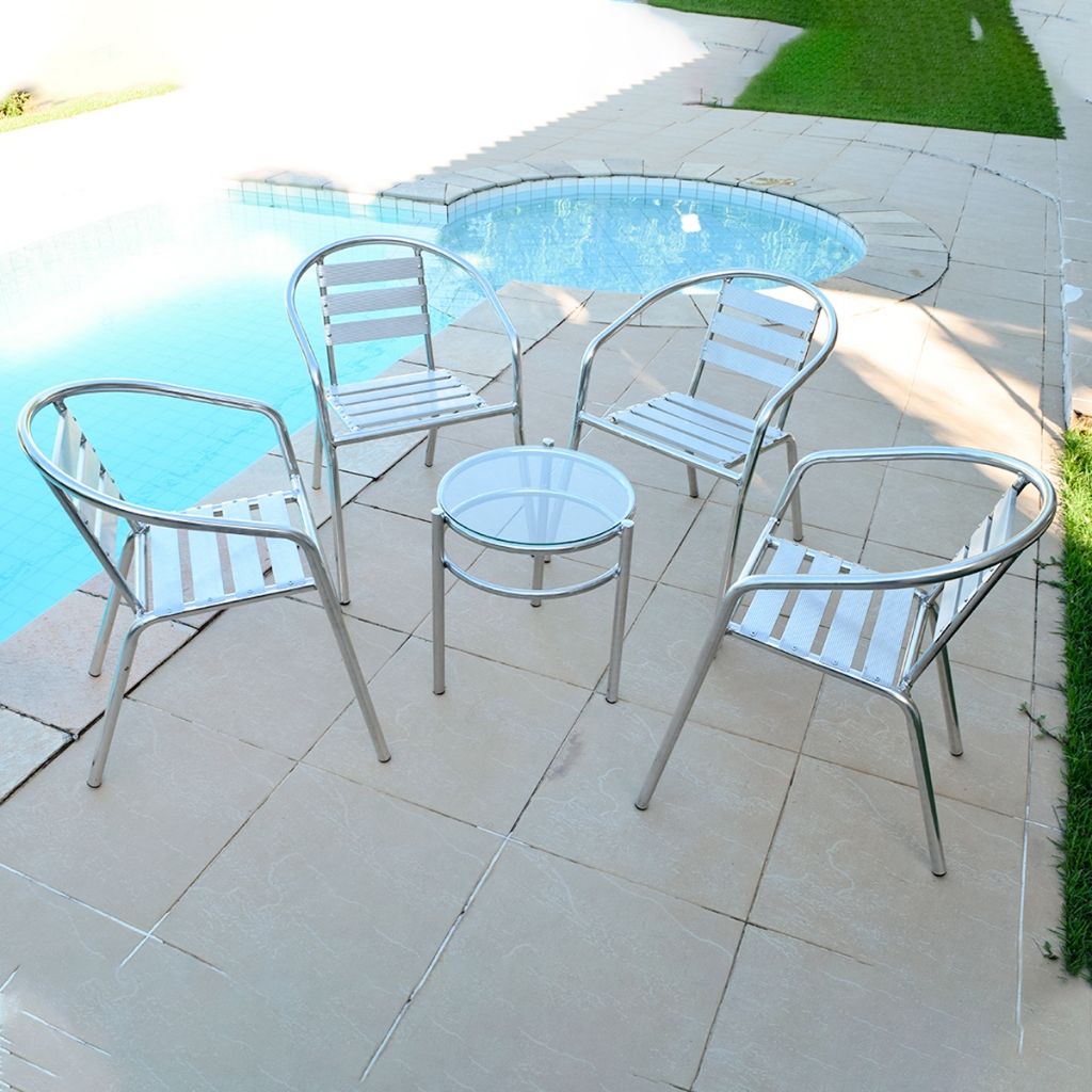Conjunto 01 Mesa Centro e 04 Cadeira Alumínio Leve Varanda Área Externa Resistente Modelo Gravatá