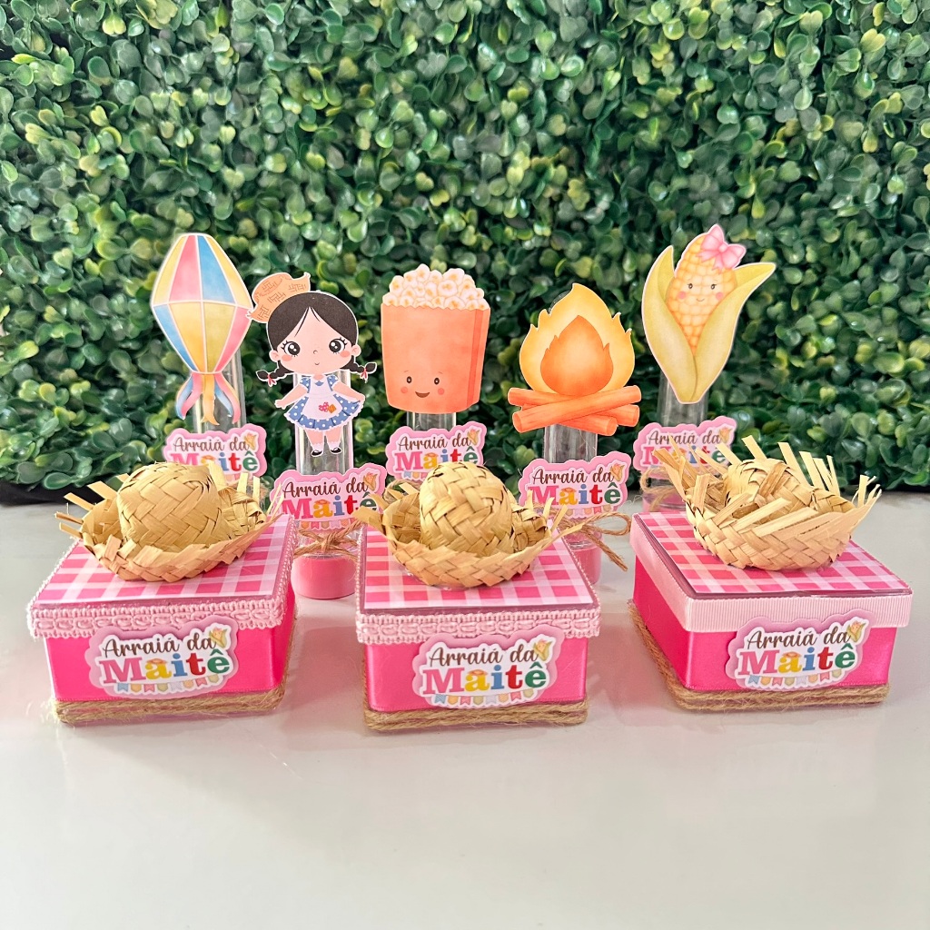 10 Caixinha de Acrílico + 10 Tubetes Personalizada no Tema Junino - Menina - Lembrancinha de Aniversario Junino.