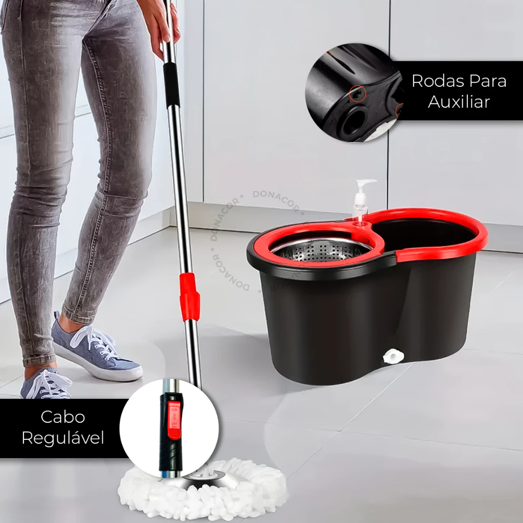 Mop Giratorio Cabo Inox limpeza Cesto Em Inox 14 Lt -Balde Esfregão 360 Universal Original Oliver Home — imagem 2 de 2