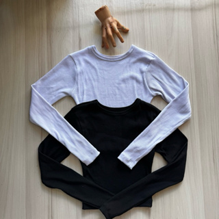 Kit 2 Cropped Manga Longa Canelado Algodão Inverno Ribana Canelada Croped Camisa Gola Redonda Manga cumprida Feminina em Oferta na Shopee