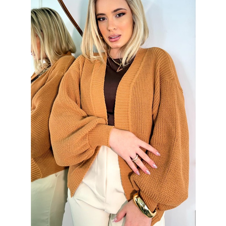 Casaco Tricô Básico Manga Bufante Tricot Inverno Casaquinho Curto Ponto Fang