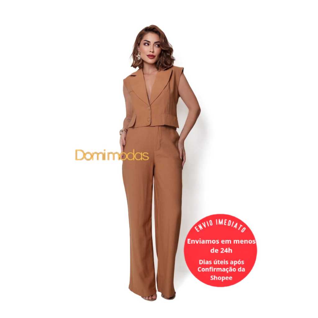 Domi Modas Conjunto Feminino Amarante Colete com Bolsos Fake Calça Cintura Alta 86800 em Oferta na Shopee