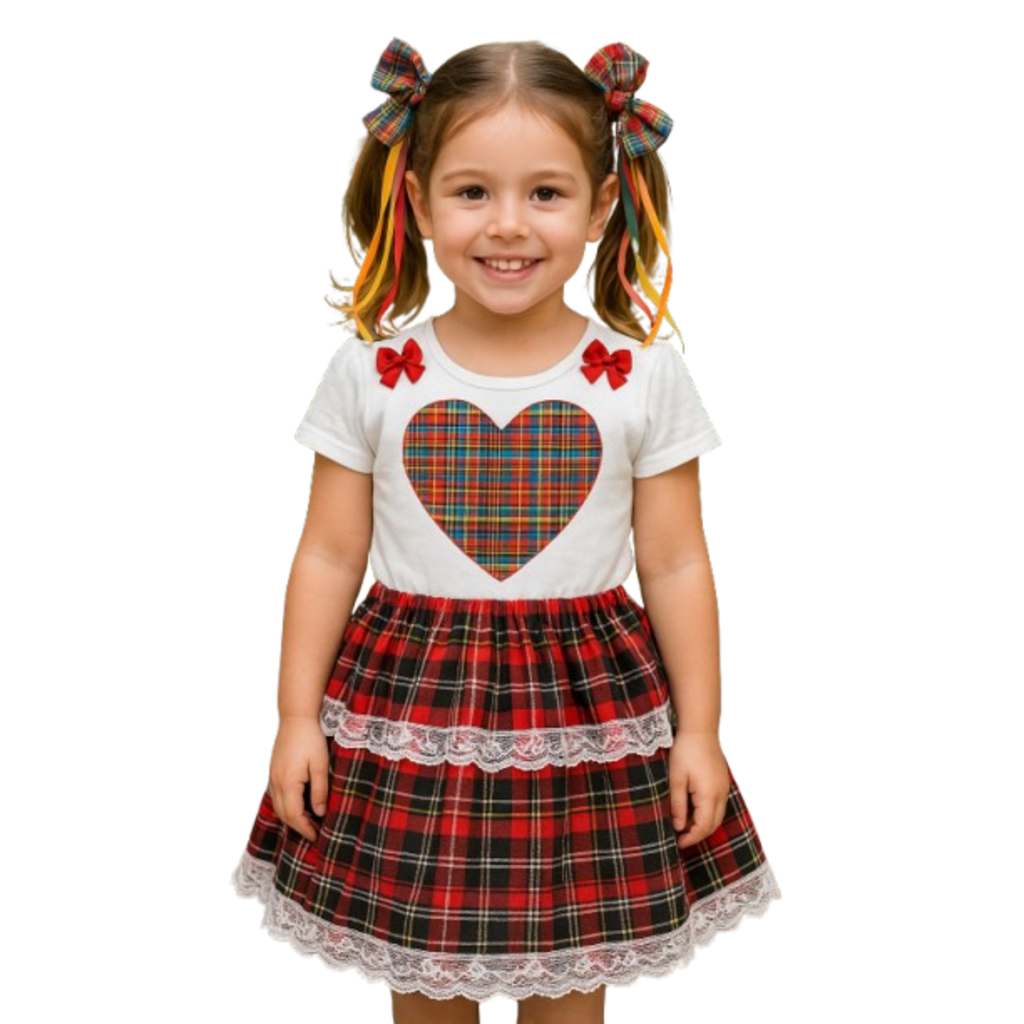 Conjunto para Meninas Festa Junina de 4 ate 10 anos - Saia Xadrez + Body  Estampado + Laço de Cabelo