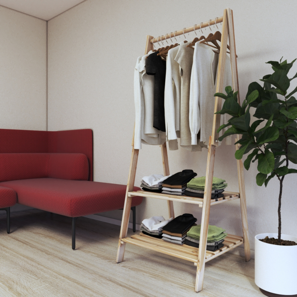 Arara Organizadora Madeira Natural Cabideiro Com Prateleiras em Oferta na Shopee