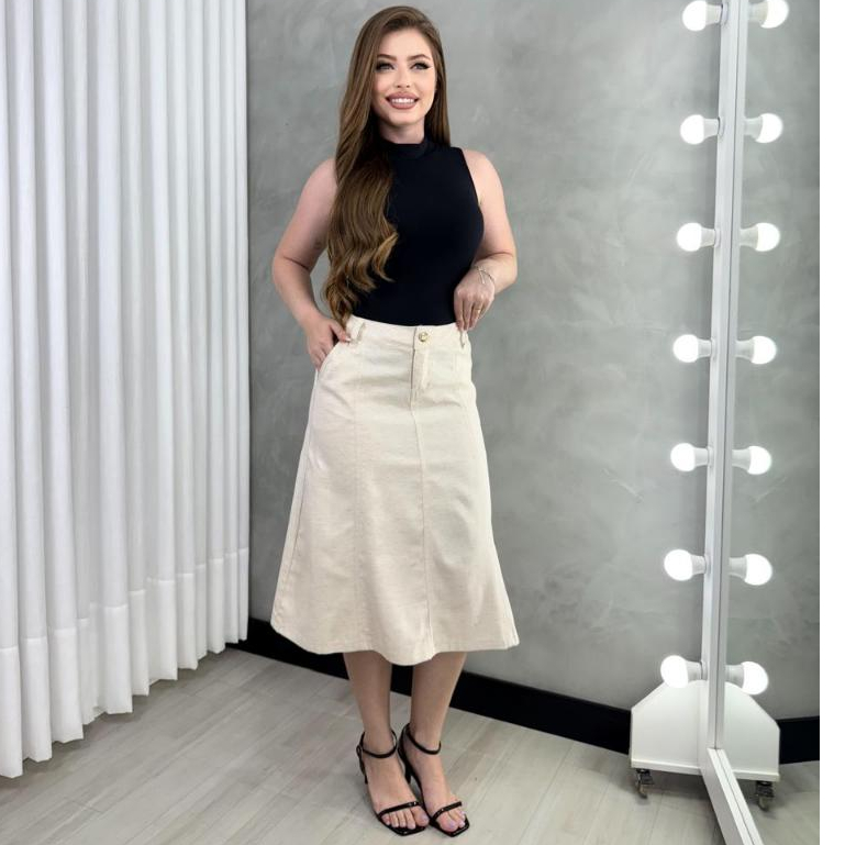 Saia Linho Alfaiataria Evasê Mídi Cintura Alta Evangélica em Oferta na Shopee