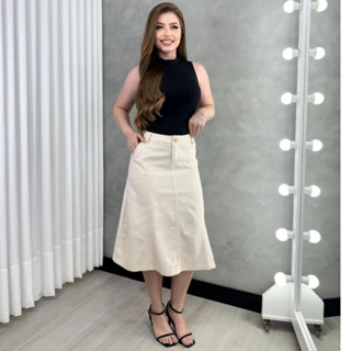 Saia Linho Alfaiataria Evasê Mídi Cintura Alta Evangélica em Oferta na Shopee