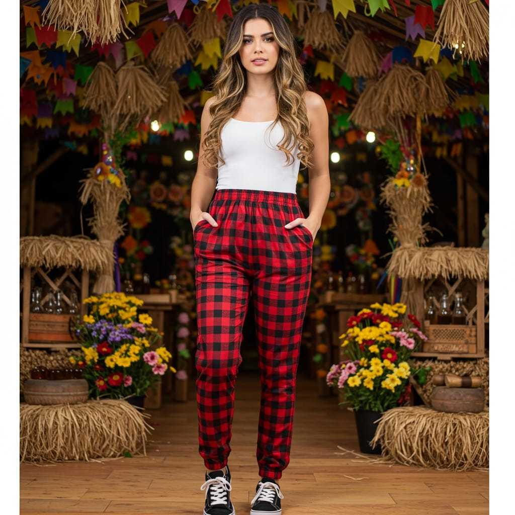 Calça Xadrez Flanelada Feminina Jogger Inverno Roupa Feminina Com Elástico