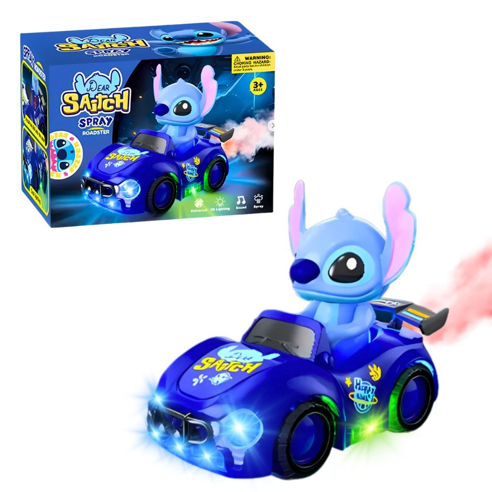 Carrinho Stitch Brinquedo Bate e Volta com Som Luz Fumaça Brinquedo a Pilha