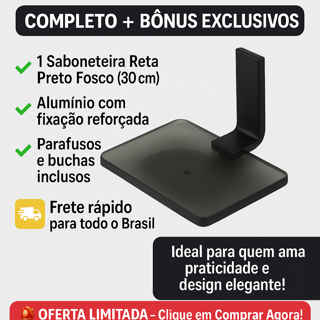 KIT SABONETEIRA DE FIXO DE PAREDE RETO PRETO FOSCO SABONETEIRA DE LUXO