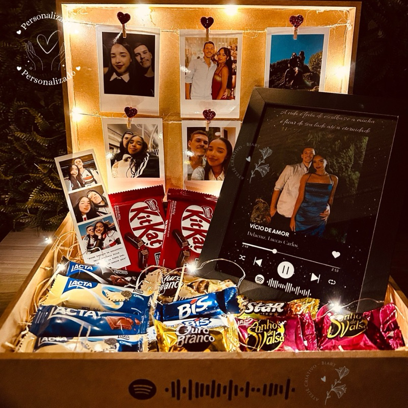 caixa personalizada com led fotos e quadro dia dos namorados