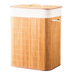 Cesto de Roupa Suja 70 LITROS Lavanderia Bambu c/ Tampa Retangular/Redondo Forrado Oliver Home