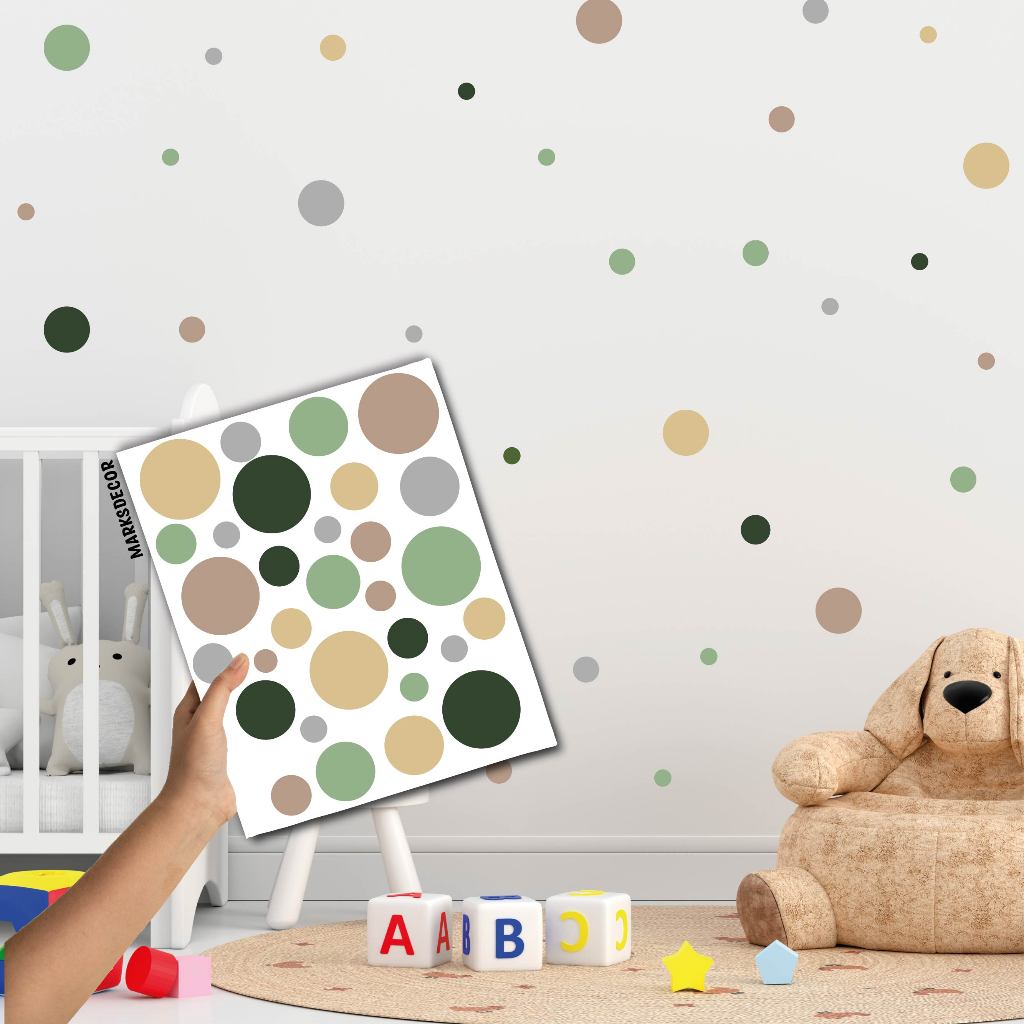 Adesivo de Parede Bolinhas Safari, 150 unidades, Vários Tamanhos, Decoração de Quarto Infantil