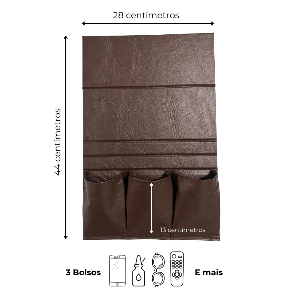 Porta Treco de Cama Courino 3 Bolsos Organizador Lateral de Cama Courino Controles celular