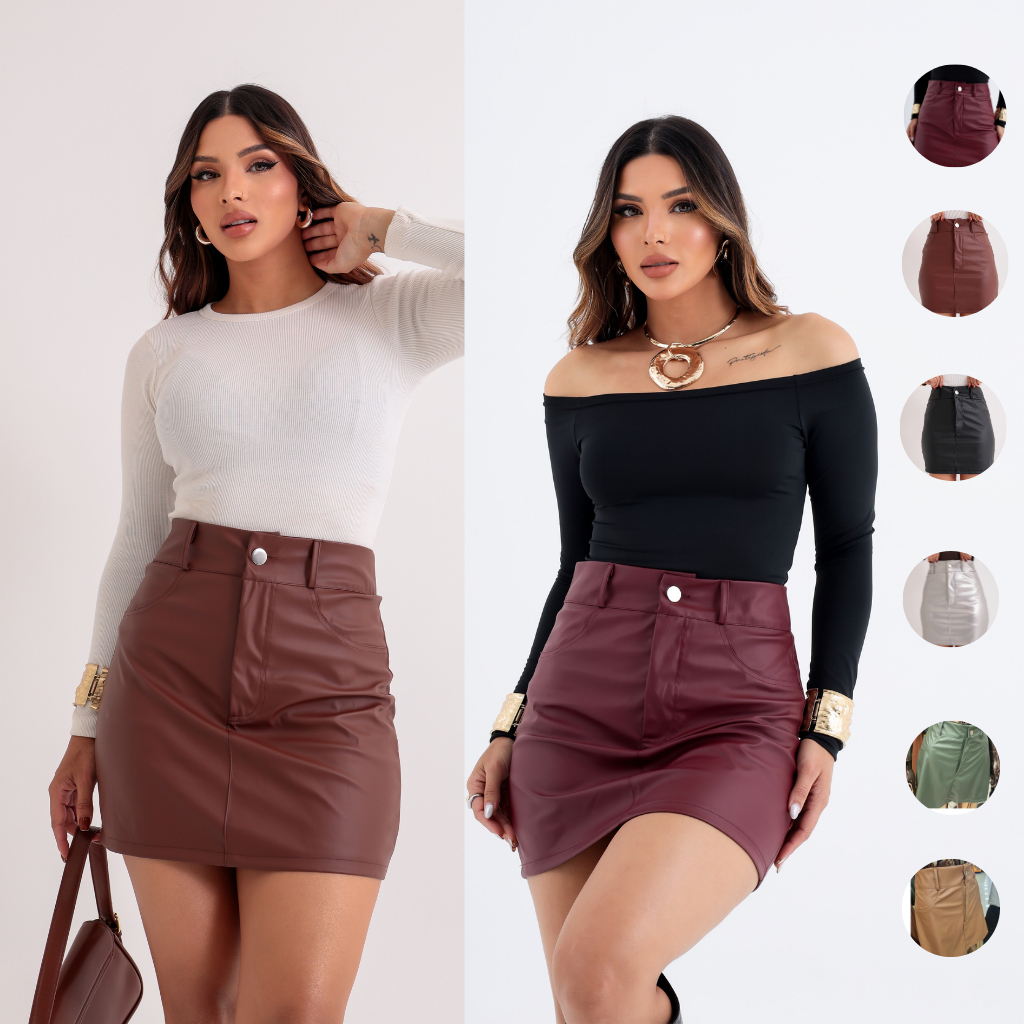 Saia Couro Fake Feminino Luxo Elegante - Cintura Alta Zíper E Forro em Oferta na Shopee