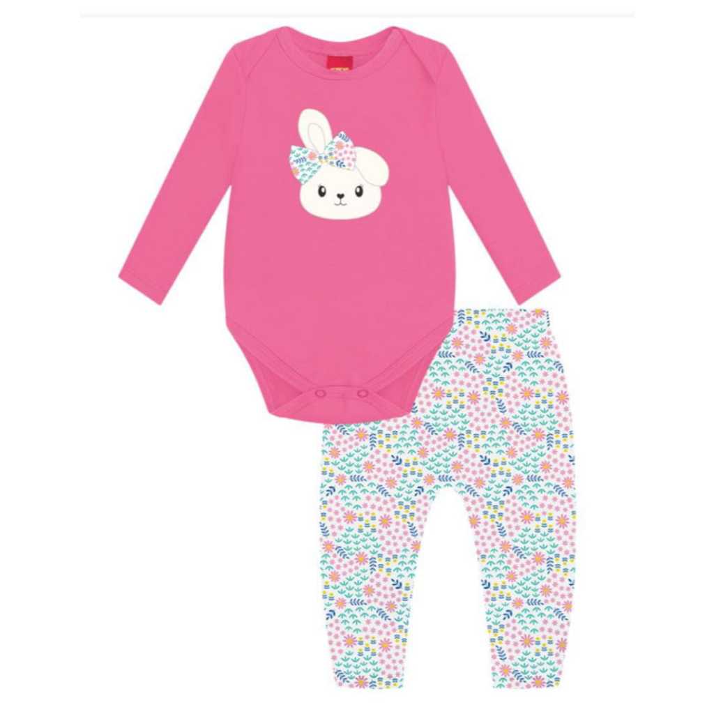 Conjunto Infantil Menina Body Em Cotton Calça Saruel Em Moletom Peluciado  Coelhinha Kyly