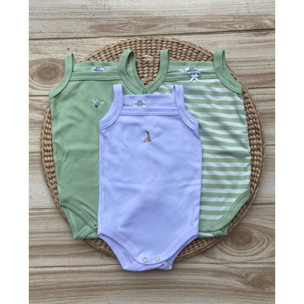 Kit 3 Body alcinha regata bebê menina menino renda algodão camolila verde