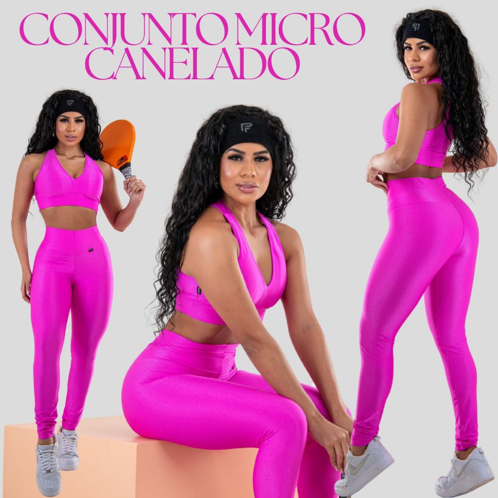 Conjunto Micro Canelado Brilho Premium Feminino Legging + Top Nadador Com Bojo Academia Fitness