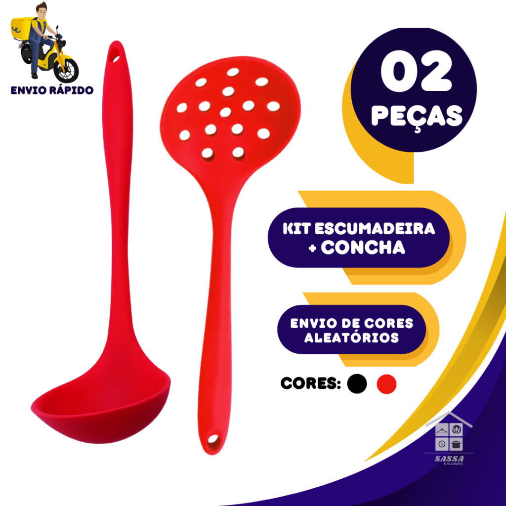 Escumadeira e Concha em Silicone Resistente Cabo de Madeira Utensílios de Cozinha Antiaderente Envio de Cores Aleatório