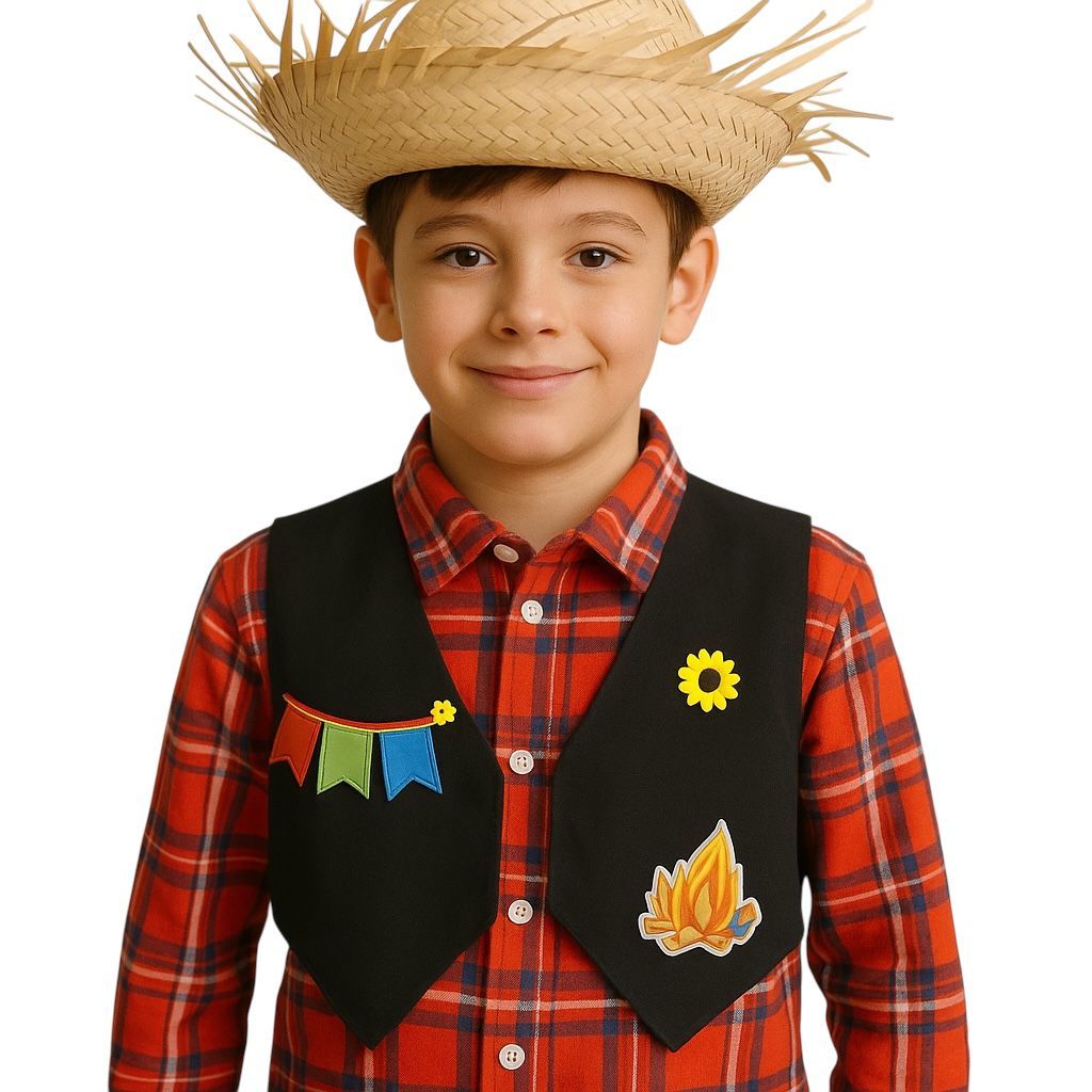 Fantasia Roupa Caipira De Festa Junina Camisa Xadrez Manga Longa Infantil Menino Com Colete Junino E Chapéu De Palha
