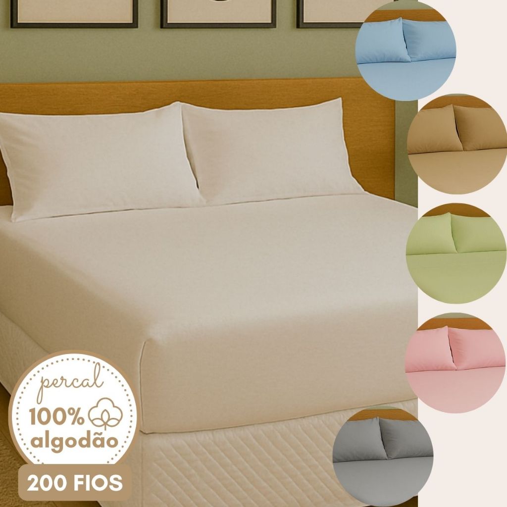Kit Jogo de Cama Queen Lençol com Fronha Percal 200 fios 100% Algodão Cores Modernas e Sua...