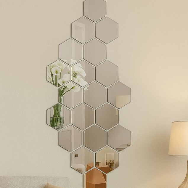 Kit 10 Espelhos Decorativos Hexagonais Acrílico Espelhado 8,9x10,2cm Parede Quarto Sala Autocolante