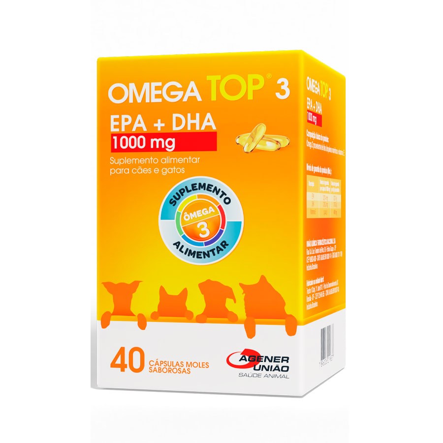 Ômega Top 3 Suplemento para Cães e Gatos 1000 mg - 40 Cápsulas Epa + Dha Agener Uniao