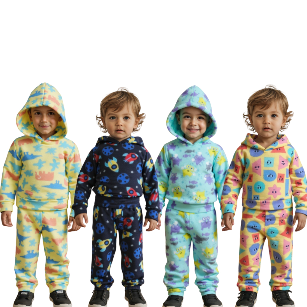 Pijama Infantil manga longa Soft com Capuz Estampado Inverno Unissex 1/2/3 Anos