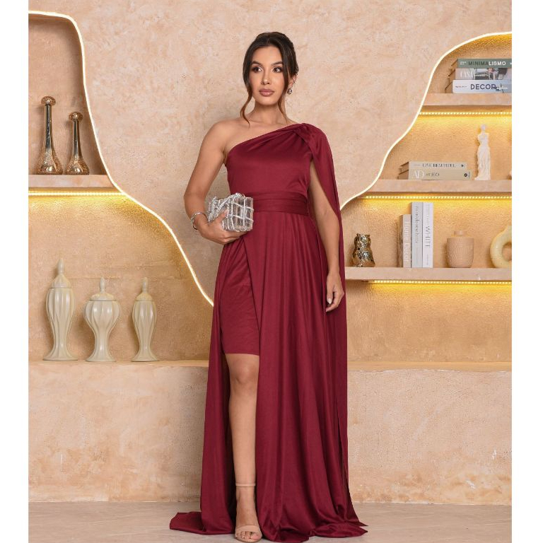 Vestido Feminino Longo com Capa Festa Casamento Madrinhas Formatura Plus Size