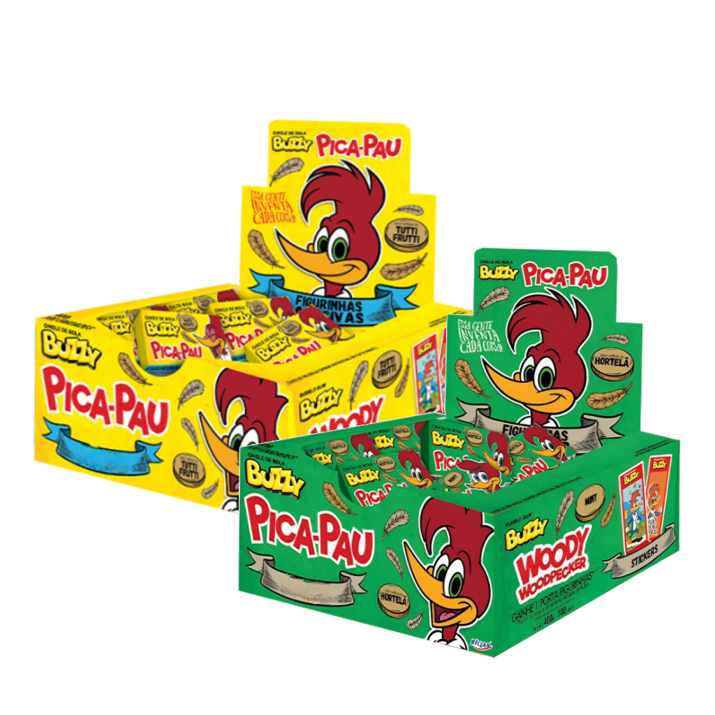 Kit 2 Caixas De Chicletes Pica-Pau Hortelã C/90un + Tuti Frut C/90un Buzzy