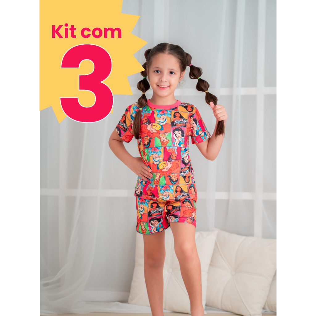 Kit Três Pijamas Infantil Manga Curta Toque Macio Confortável Roupa de Dormir Inverno