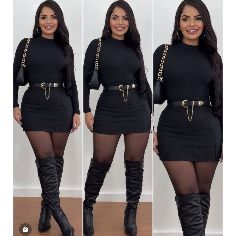 Vestido Akemy Versatil Curto Manga Longa Tubinho Colado Feminino Malha Canelada Tendência Outono Inverno VESTIDO CURTO