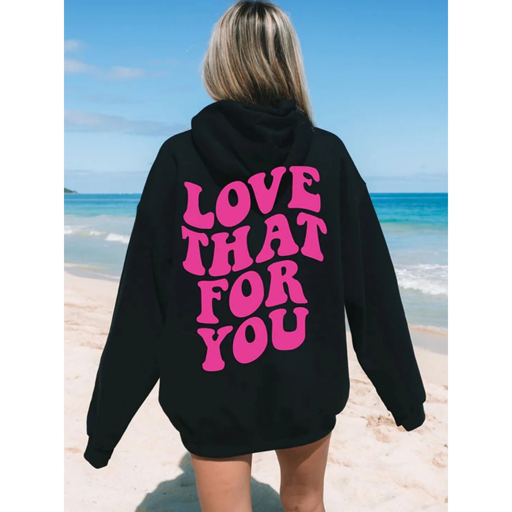 Moletom com capuz estampado gráfico ``Love That For You´´ e cordão, blusa de moletom casual Unisex no inverno e outono