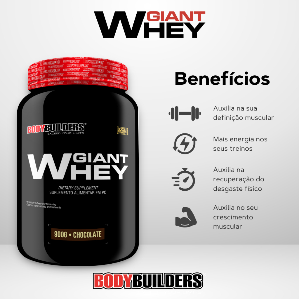 Detalhes do Kit Giant Whey 900g + BCAA 4,5 100g + Power Creatina 100g + Coqueteleira - Bodybuilders