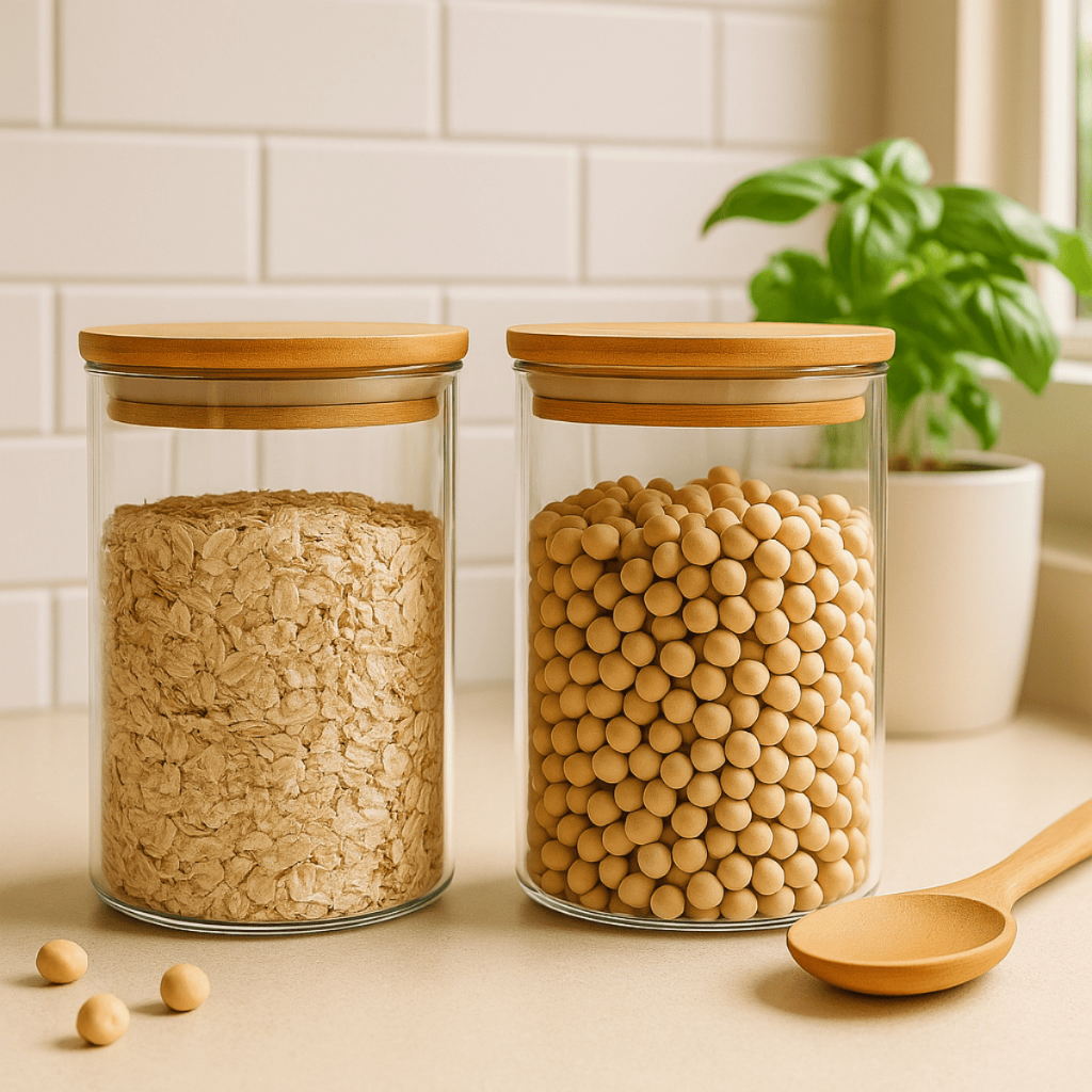 Kit 2 Potes de Vidro 1000ml Tampa de Bambu Hermetico Premium Redondo Mantimentos Tempero A...