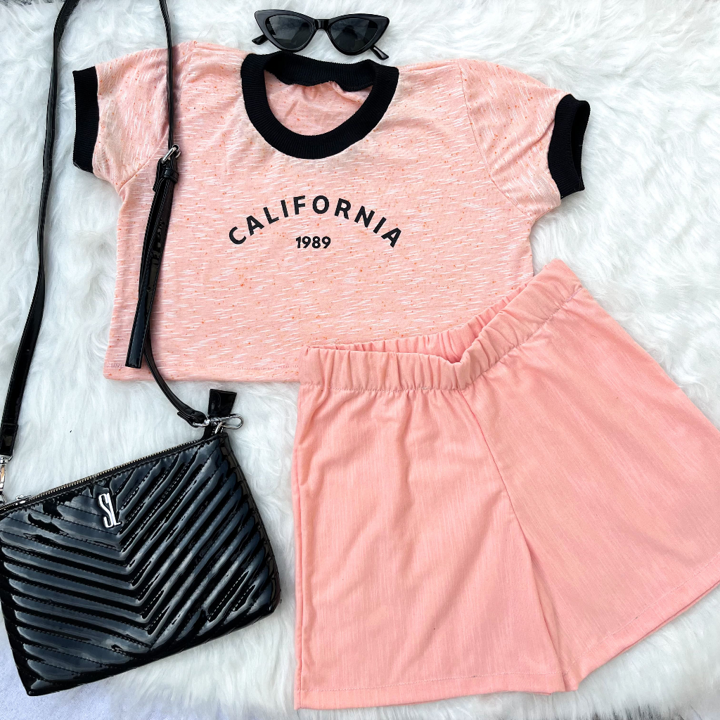 Conjunto Infantil Menina Roupa de Criança Feminina Blusa Baby Look e Short Verão Malha Confortável