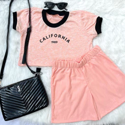 Conjunto Infantil Menina Roupa de Criança Feminina Blusa Baby Look e Short Verão Malha Confortável