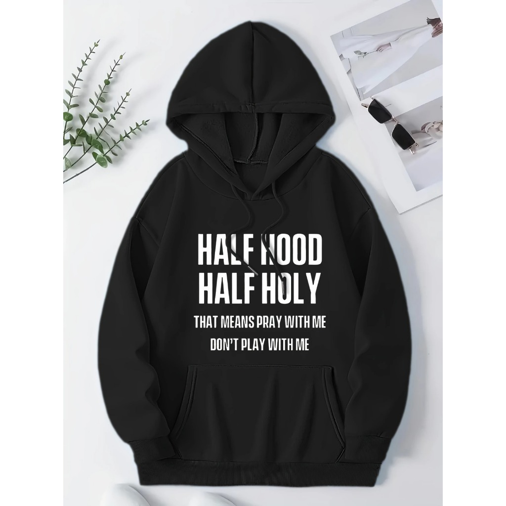 Moletom com capuz estampado gráfico ``Half Hood Half Holy´´ e cordão, blusa de moletom casual Unisex no inverno e outono