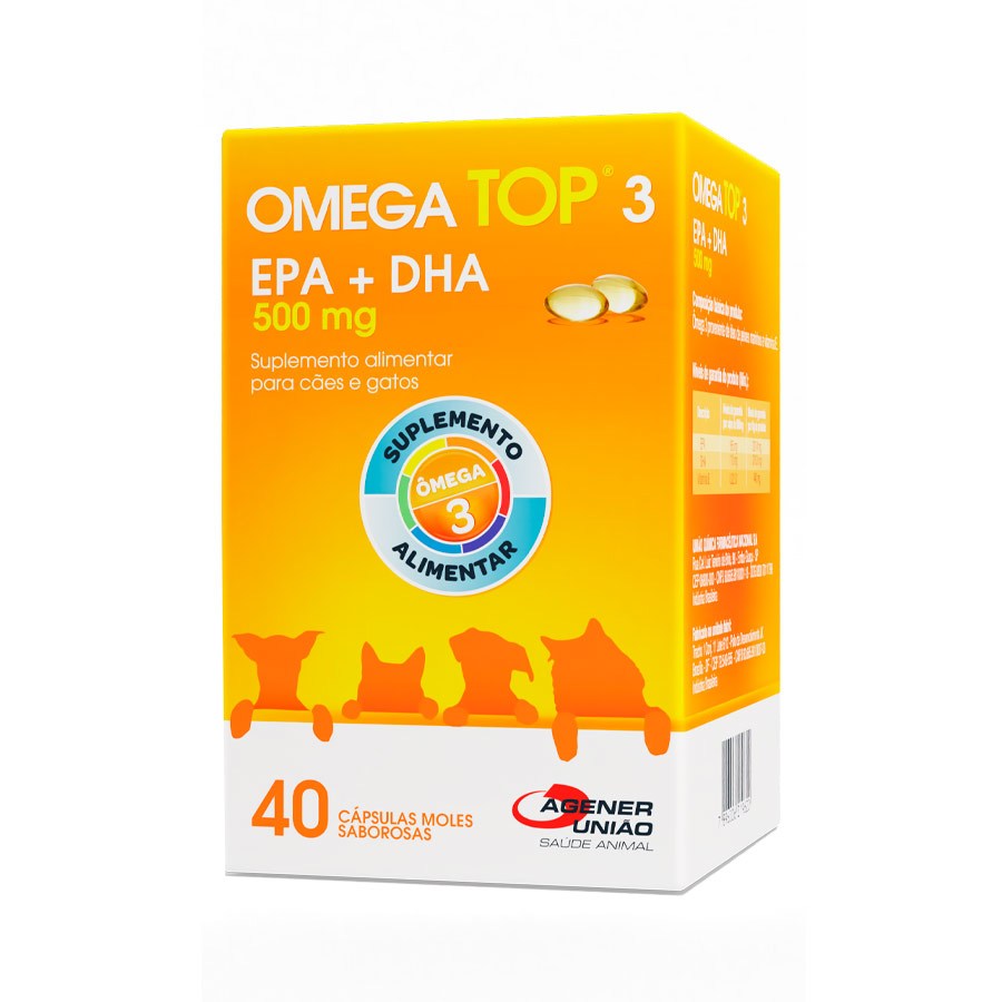 Ômega Top 3 Suplemento para Cães e Gatos 500 mg - 40 Cápsulas Agener Uniao