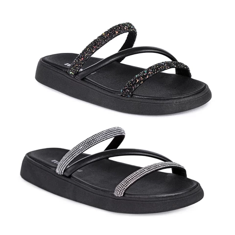 Sandália Moleca Tira Tripla Feminino Brilho Elegante Confortável Macia Leve Casual Moda Blogueira