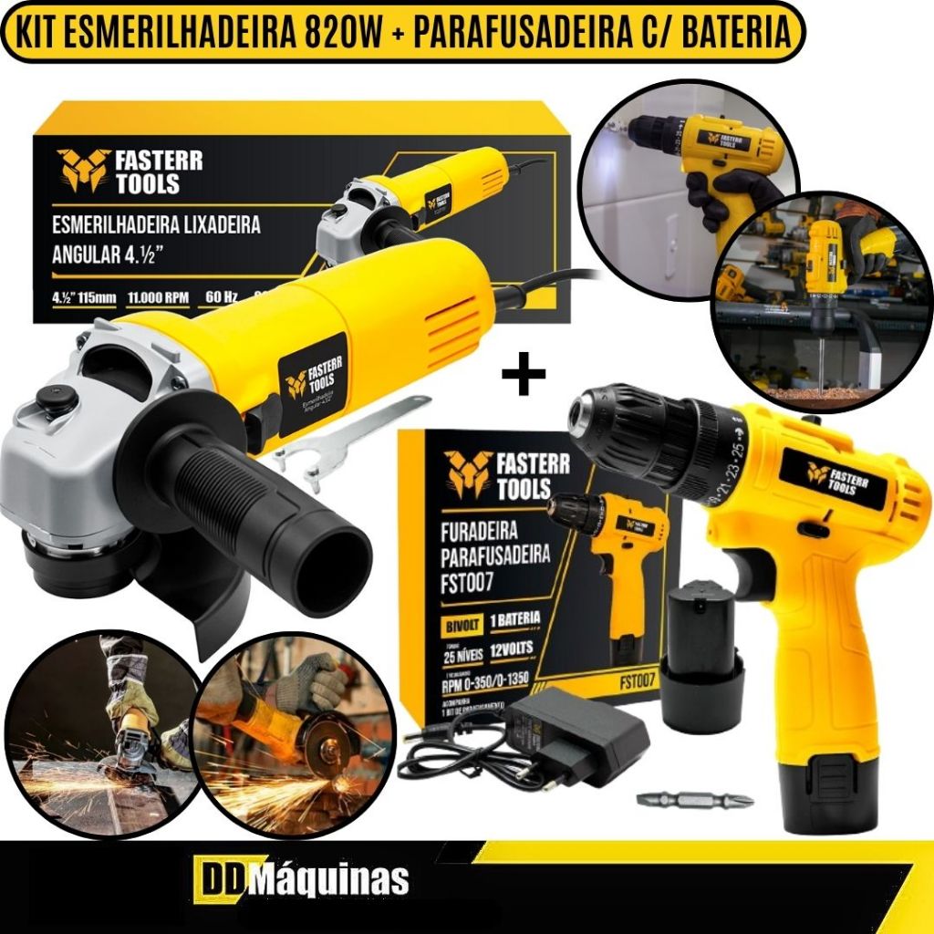 Kit Esmerilhadeira Lixadeira Angular 110V 820W + Parafusadeira 3/8” 12V Bits e Carregador - Fasterr em Oferta na Shopee