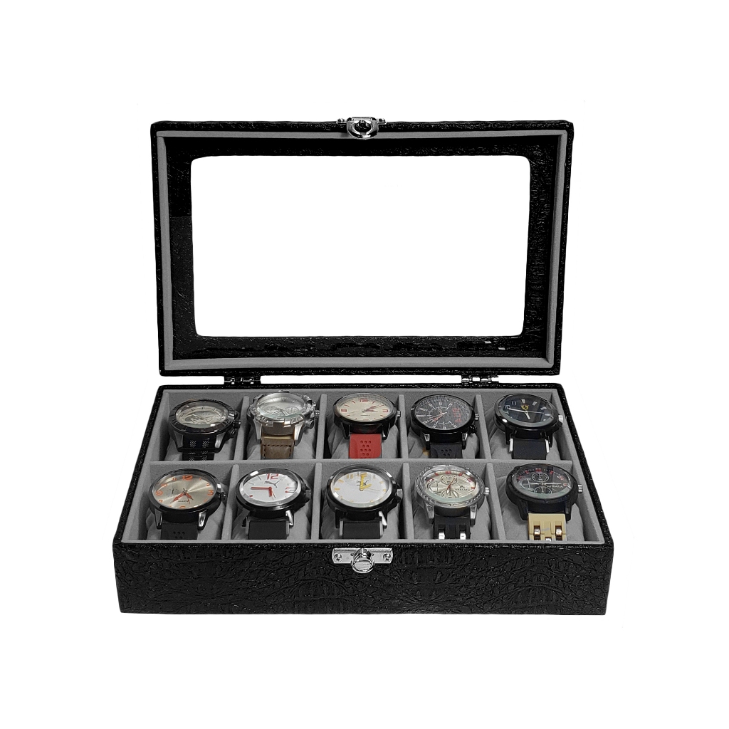 Caixa Maleta Estojo Guarda 10 Relógios Preto Com Interno Aveludado Cinza em Oferta na Shopee
