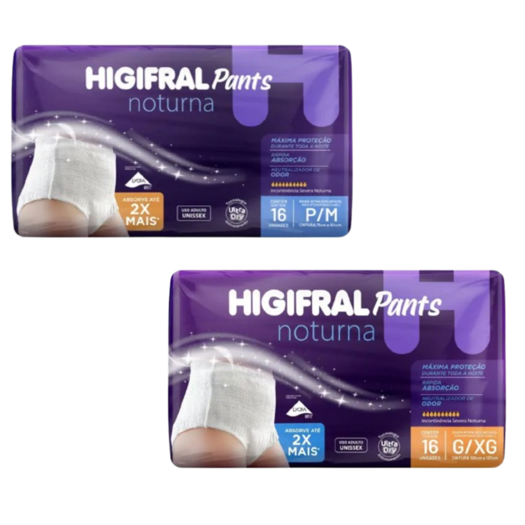 Fralda Geriátrica Descartável Higifral Pants NOTURNA - Tamanhos P/M, G/XG - 16 Unidades