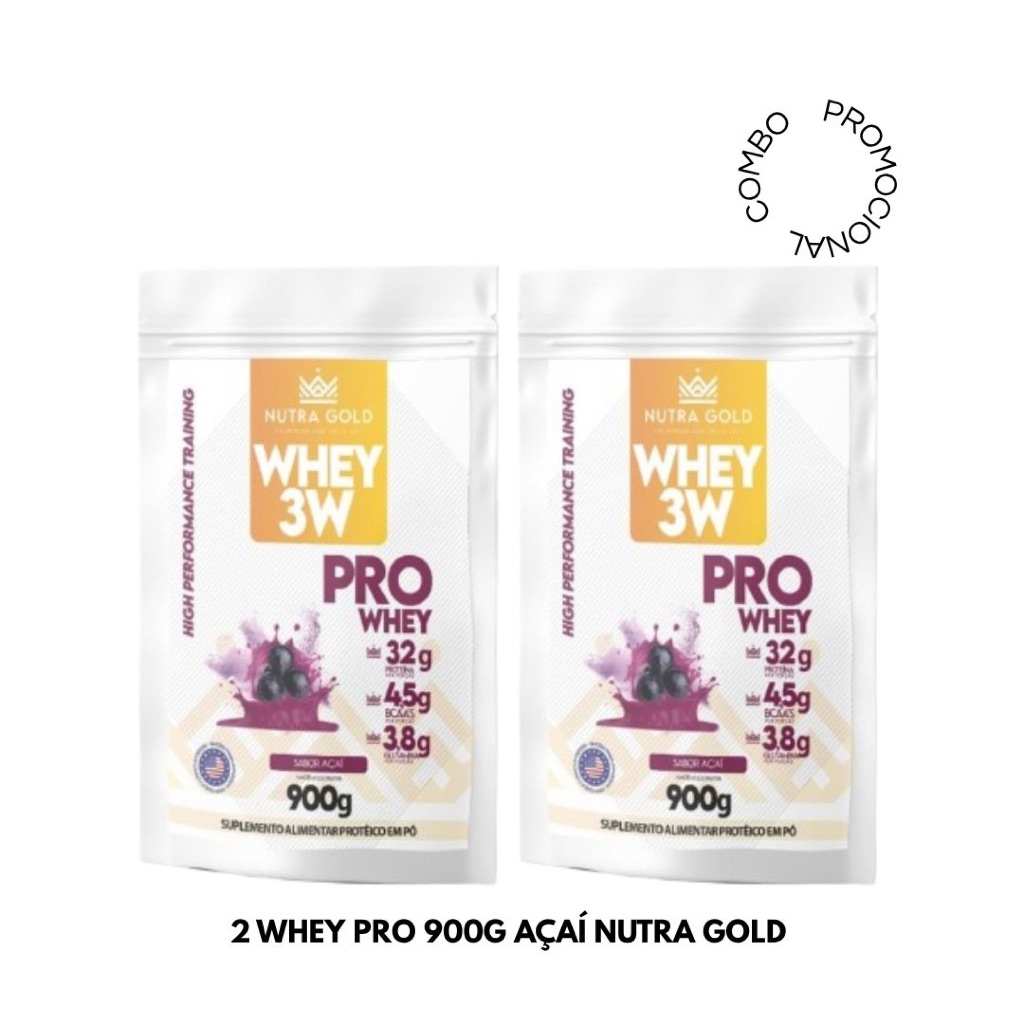 KIT 2 WHEY NUTRA GOLD SABOR AÇAI 900 GR PÓ 3W HIDRO CONCENTRADO ISOLADO