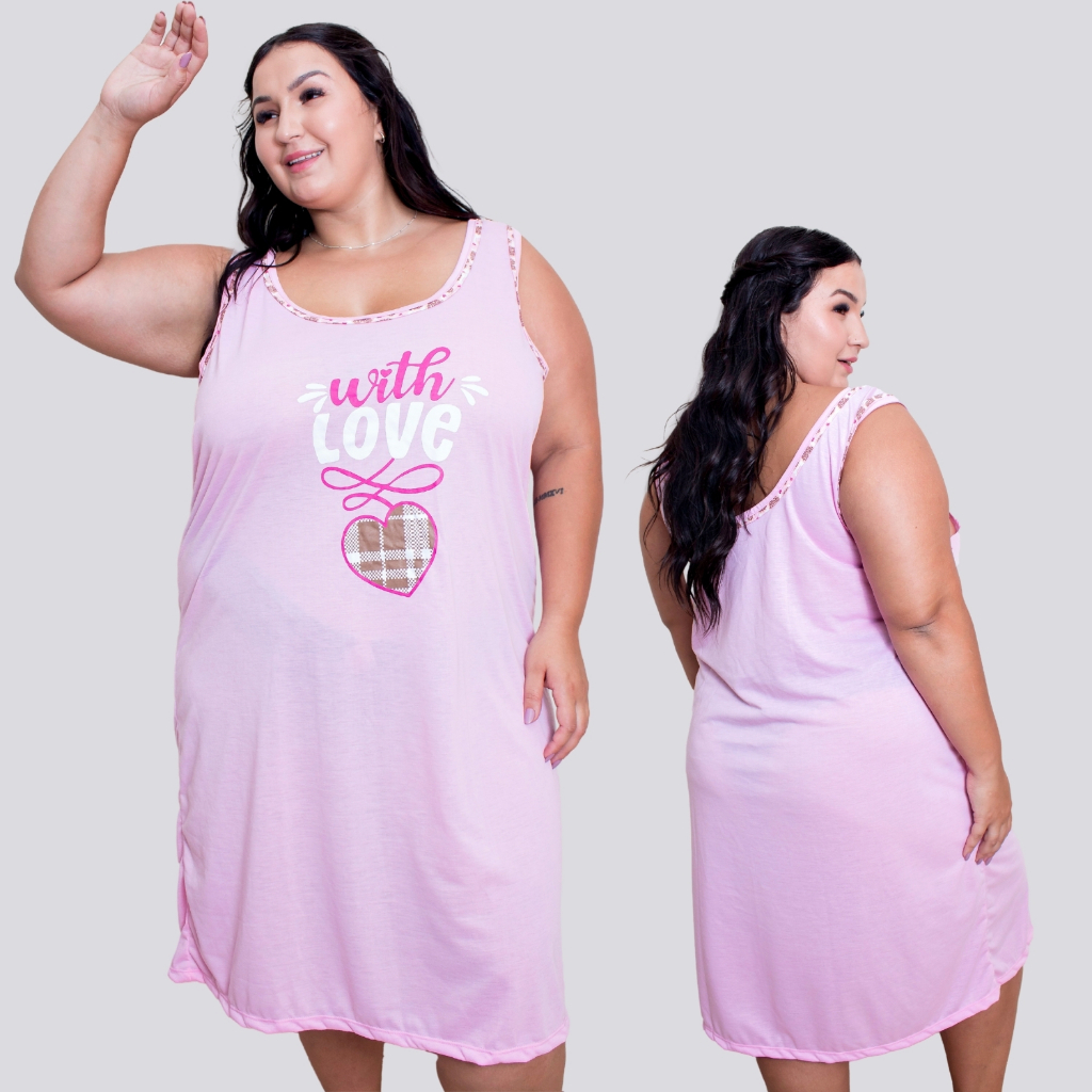 Kit com 2 Camisolas Plus Size Malha 100% Algodão Linha Noite Confortável para Dormir Moda Feminina Moda Intima