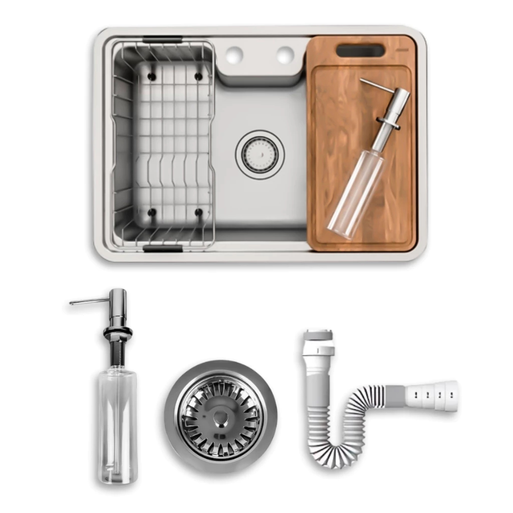 Cuba DocolMassima 64 x 44 cm Embutir/Sobrepor Inox 304 Escovado + Dispenser + Tábua + Cesto + Sifão em Oferta na Shopee