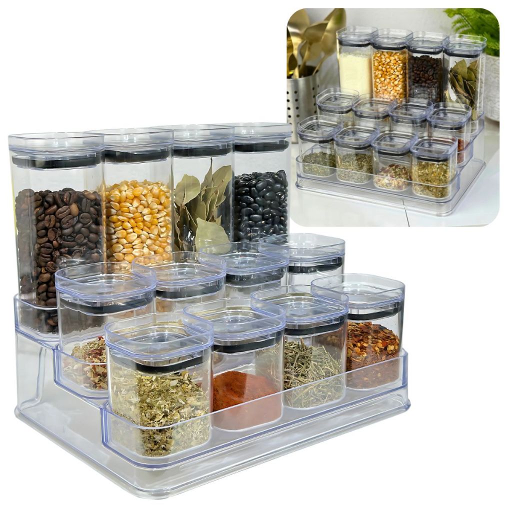 Kit Porta Tempero Condimento + 12 Potes Herméticos De Acrílico Transparente Organizador Cozinha UZ
