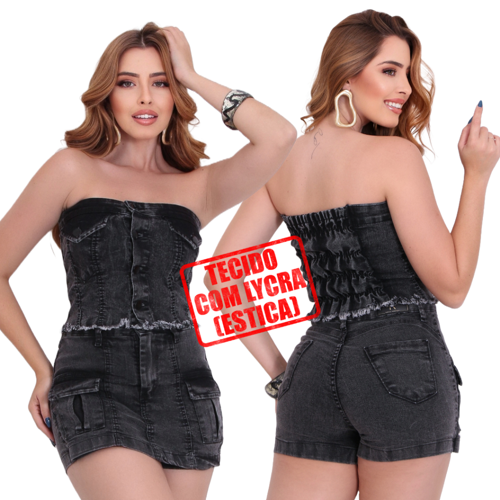 Conjunto Jeans Feminino Cropped e Short Saia Com Lycra Original